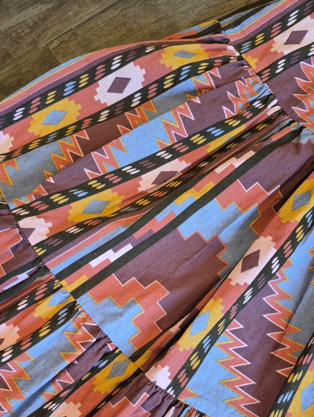 XXS-M Vtg Rockmount Ranch Wear Aztec Print Tiered Elastic Waist Midi Skirt - Picture 9 of 15